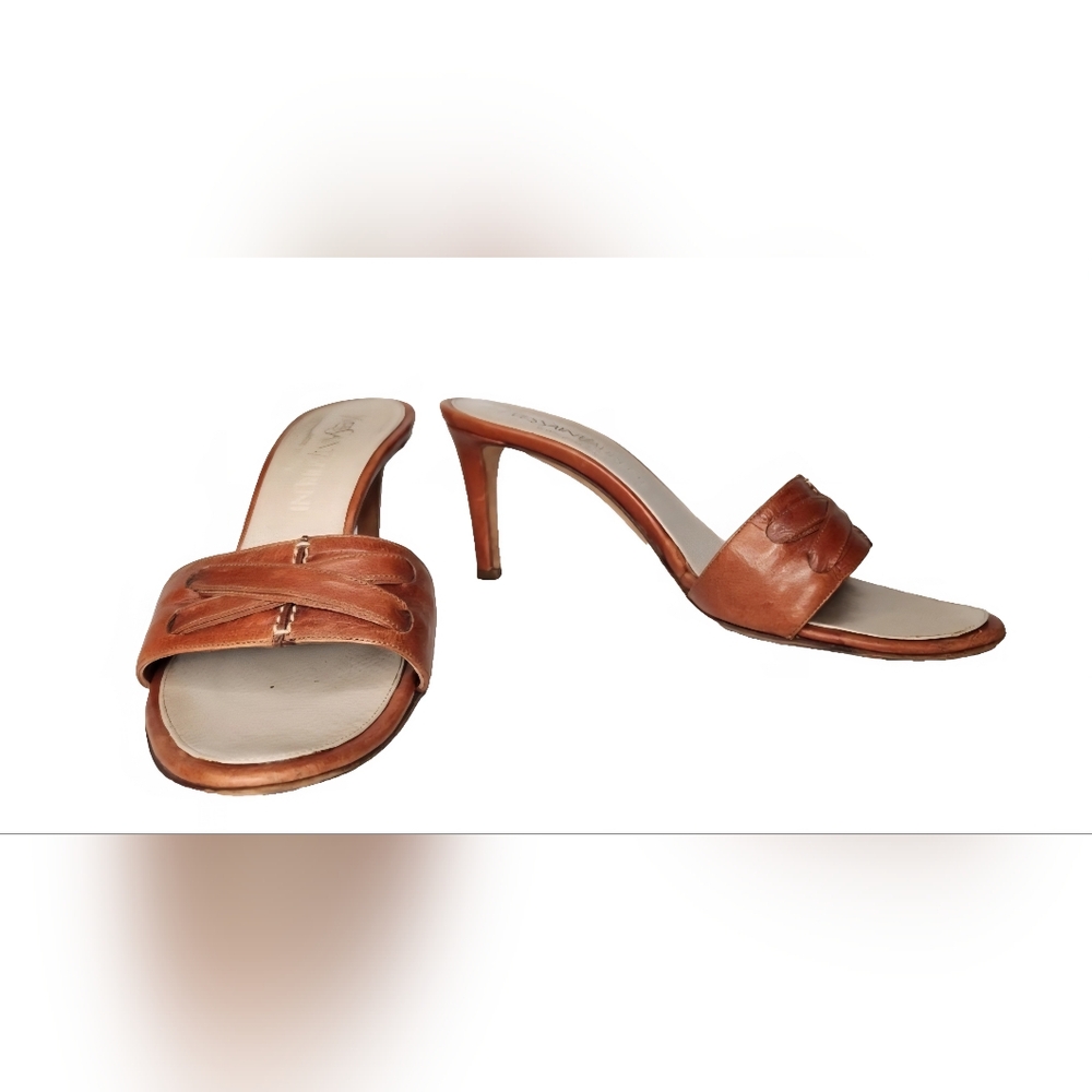 YSL Yves Saint Laurent Rive Gauge Vintage Mules Brown Leather Heels Sz 36.5 6.5